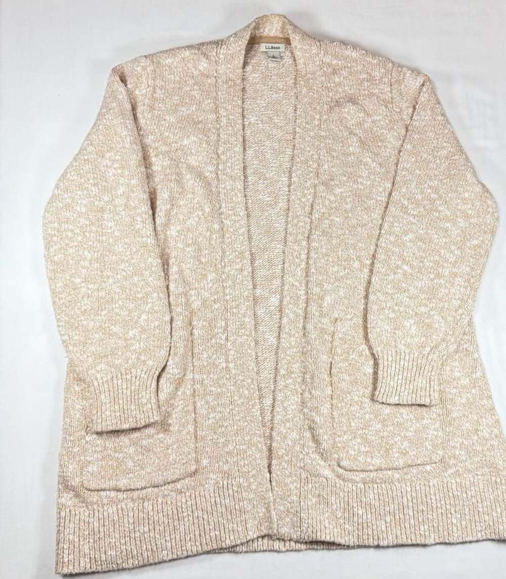 LL Bean Cardigan 100% cotton Size L Marled Open Front Knit Sweater